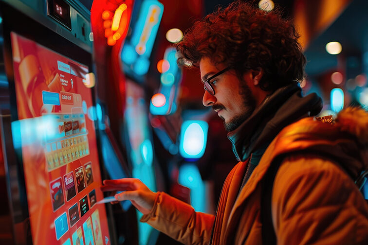 Digital ticket kiosk at a cinema or movie theater with a user in Digital ticket kiosk at a cinema or movie theater with a user in
