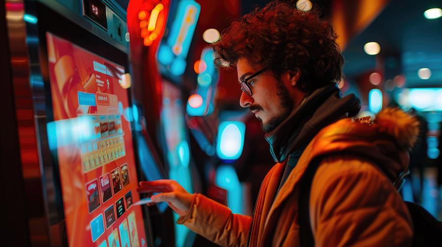 Digital ticket kiosk at a cinema or movie theater with a user in Digital ticket kiosk at a cinema or movie theater with a user in
