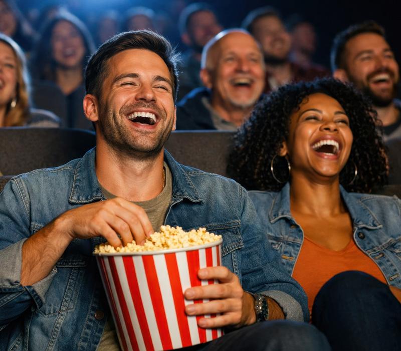 Man laughing and eating popcorn while watching a movie